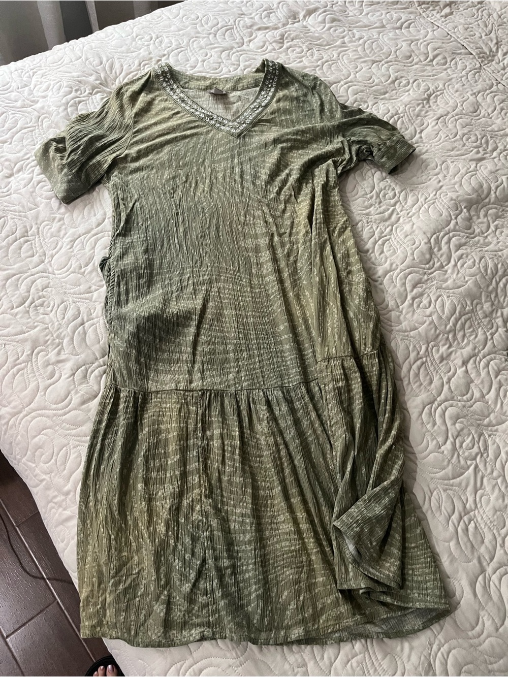 Chico's Olive Green Embroidered V-Neck Dress Size 14